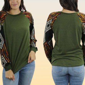 AZTEC PRINT LONG SLEEVE TOP, OLIVE GREEN    NWT